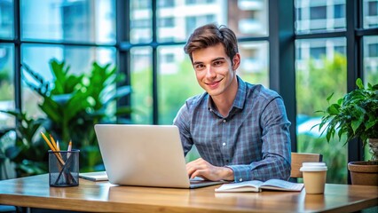 Fototapeta premium A bright-eyed, ambitious young adult, likely in their early twenties, sitting at a desk with a laptop and notebook, looking focused and professional.