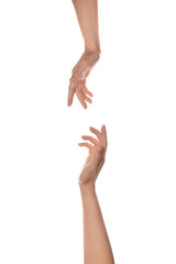 Gentle hands reaching to each other isolated on png transparent background. Elegant motion and gesture female, tenderness.
