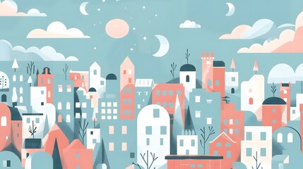 Abstract Illustration of a Cityscape with a Moon and Stars