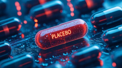 Glowing placebo pill among other capsules, concept of medical treatment.