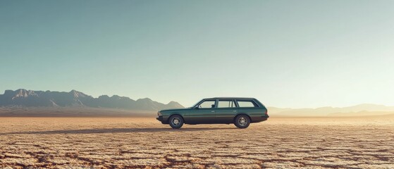 Vintage station wagon parked on a vast desert landscape during sunset
