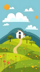 Illustrated  House with Winding Path and Flowers in  the Country