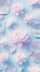 Water lily and buds on tranquil blue water with soft light. Serene and peaceful nature scene.