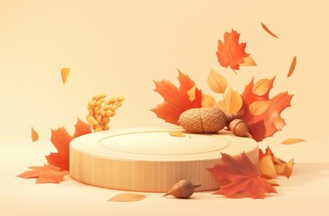 Round Wooden Podium with Autumn Leaves and Acorns on Beige Background