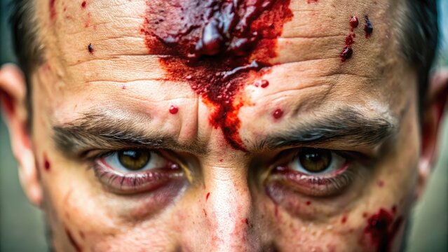 A close-up of a bloody gash on the forehead, with torn skin and swelling, surrounded by dark bruises and specks of blood, conveying a sense of brutality.