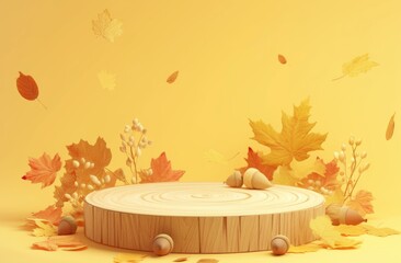 Round Wooden Podium with Autumn Leaves and Acorns on Beige Background