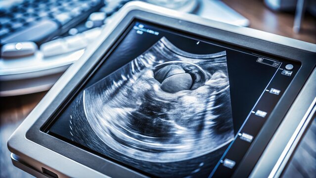 A close-up image of a sonogram screen displaying a detailed, grainy black and white image of a female reproductive system during a pelvic exam.