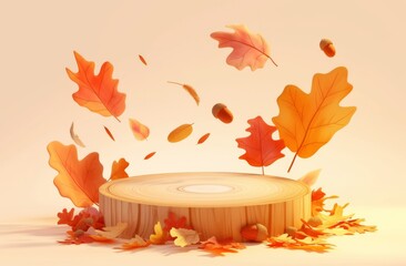 Round Wooden Podium with Autumn Leaves and Acorns on Beige Background