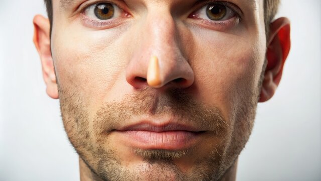 A close-up of a person's nose growing longer, a humorous depiction of the mythical physical consequence of dishonesty, set against a plain white background.