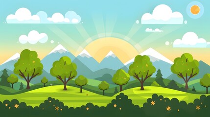 Obraz premium Green Meadow Landscape with Mountains and Sun