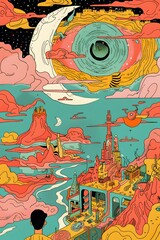 Obraz premium Surreal Illustration Of A Man Looking At A City On A Cloud