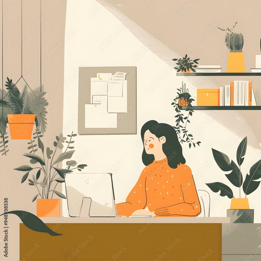 Wall mural Woman Working On Her Computer At Home Office Illustration