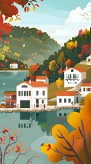 Autumn Village Landscape Illustration
