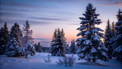 Fototapeta premium A serene winter landscape with snow-covered pine trees and a frozen lake. The sky is a pale blue, and the scene is peaceful and quiet, with the snow glistening in the soft light of the setting sun