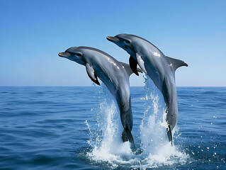 Obraz premium Three dolphins gracefully leap out of the sparkling water, creating a beautiful and joyful scene.