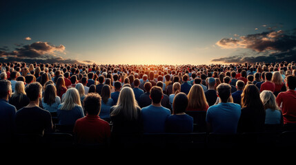 A massive crowd of people facing the sunrise, creating a powerful visual of unity, hope, and collective experience.