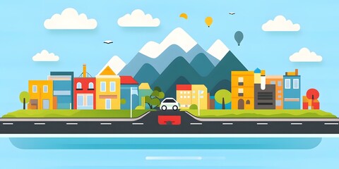 Simple Flat Design Illustration of a City with Mountain Background