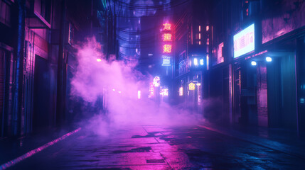 Halloween neon-lit street with eerie smoke and creepy shadows
