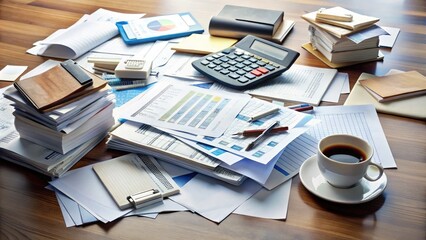 A cluttered office desk overwhelmed with stacks of unpaid bills, credit card statements, and calculators, symbolizing financial struggles and debt accumulation.
