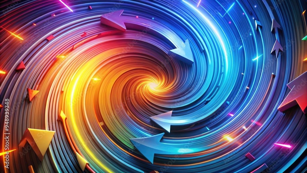 Wall mural A colorful 3D illustration of swirling arrows in a dynamic cyclical pattern, symbolizing innovation, progress, and forward thinking in a futuristic digital landscape.