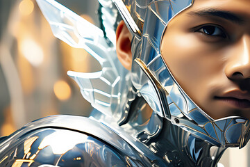 a man with perfect facial features wearing mercury like luminous suit with a mechanical wings, illustration wallpaper 