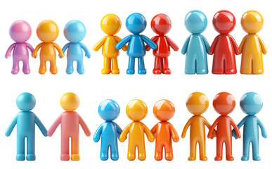 Colorful people figurines in various social interactions isolated on transparent background