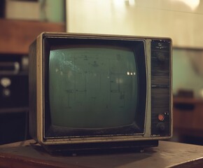 Old vintage television set displaying static in a dimly lit room with wooden decor