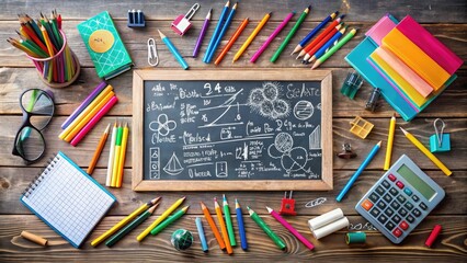 A colorful array of calculations unfolds on a chalkboard, filled with math problems, equations, and symbols, surrounded by scattered pencils and paper scraps.