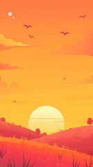 Fototapeta premium Sunset Over a Hilly Landscape with Birds Flying