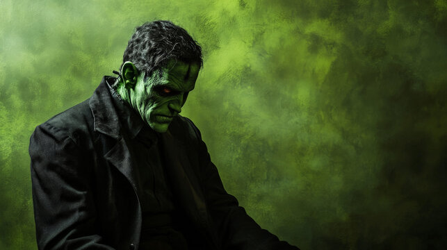Halloween Frankenstein costume on green banner, spooky and fun
