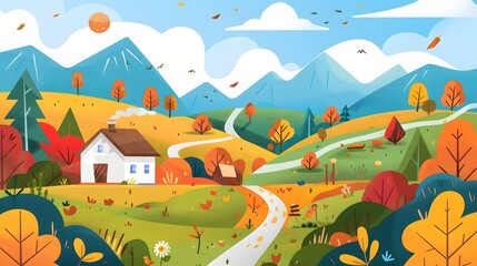 Fototapeta premium Autumn Landscape With A House And Winding Road