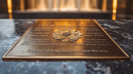 Fototapeta premium Memorial plaque featuring a golden lotus flower in a serene location during daylight hours