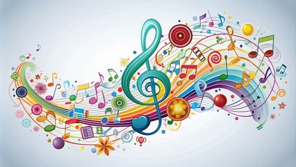 Obraz premium A colorful illustration of a musical note composed of swirling lines and shapes, blending harmoniously with learning icons, symbolizing the rhythm of knowledge and creativity.