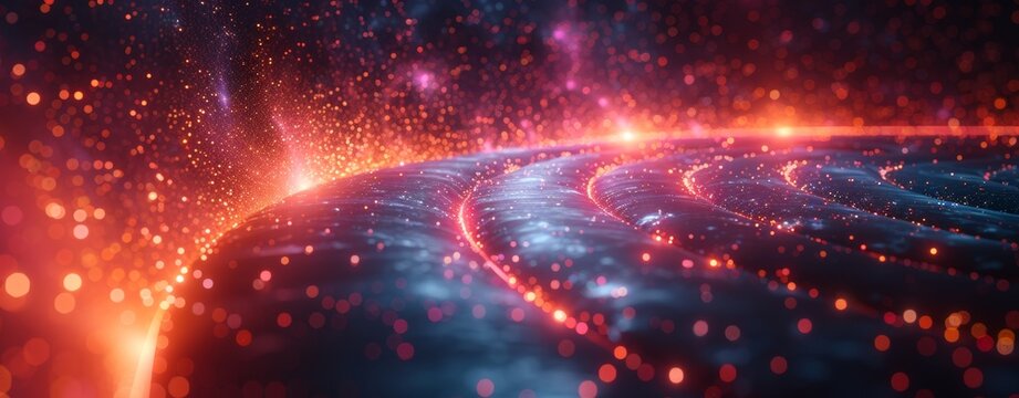 Abstract Digital background with glowing particles and lines symbolizing data transfer in cyberspace. Ideal for tech, AI, and graphics themes.