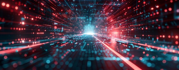 Abstract Digital background with glowing particles and lines symbolizing data transfer in cyberspace. Ideal for tech, AI, and graphics themes.