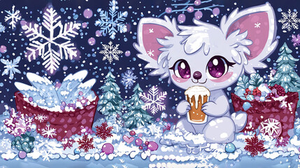 Fototapeta premium A winter scene featuring a mouse with a mug of beer, surrounded by snowflakes