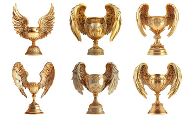Golden eagle trophies and statues collection isolated on transparent background