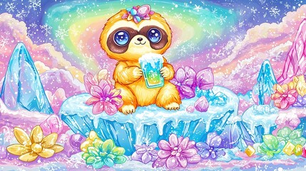 Naklejka premium A depiction of a furry bear perched atop an icy surface, holding a frosty mug of beer in one paw