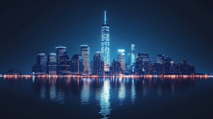 Obraz premium NYC skyline shines at night, reflecting on water with its lit-up buildings