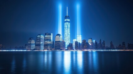 Fototapeta premium Tribute lights illuminate the Manhattan skyline on a clear night, honoring the past and present