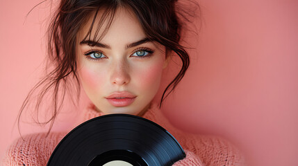 Fototapeta premium A woman holding a black vinyl record in front of her face on a colored background, a perfect image for music-related events or entertainment promotions