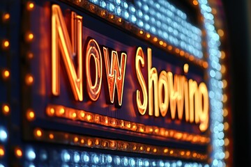 Brightly lit marquee sign announcing now showing at an entertainment venue in the evening