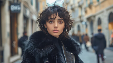 Fototapeta premium russian fashionista Instagram influencer woman with nice make up and dress up by the fur coat is traveling in the beautiful city in Europe with beautiful old architecture and shopping street 