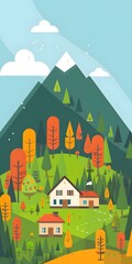 Cartoon Illustration of Houses in Green Forest with Mountains in Background