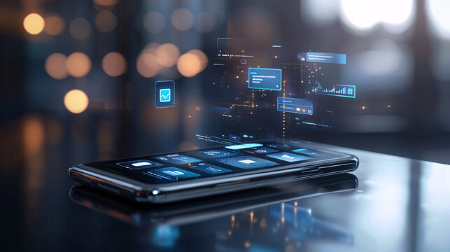 A 3D mobile phone with a floating financial app interface, symbolizing the ease and accessibility of digital banking and mobile financial management 