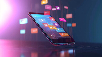 A 3D mobile phone with a floating financial app interface, symbolizing the ease and accessibility of digital banking and mobile financial management 