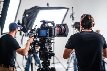Film crew working on a set with cameras and bright lighting during a production day