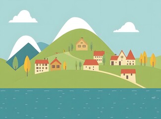 Cartoon Illustration of Village in Mountains with Lake