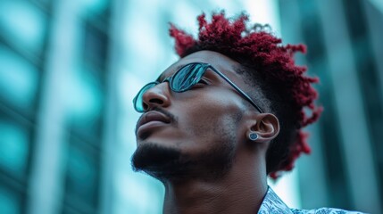 A trendy individual with striking red hair and stylish eyewear looks upwards against a backdrop of urban architecture, encapsulating a sense of aspiration and modernity.