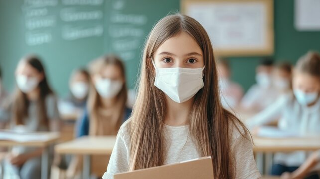A girl wearing a face mask in class with other students, AI